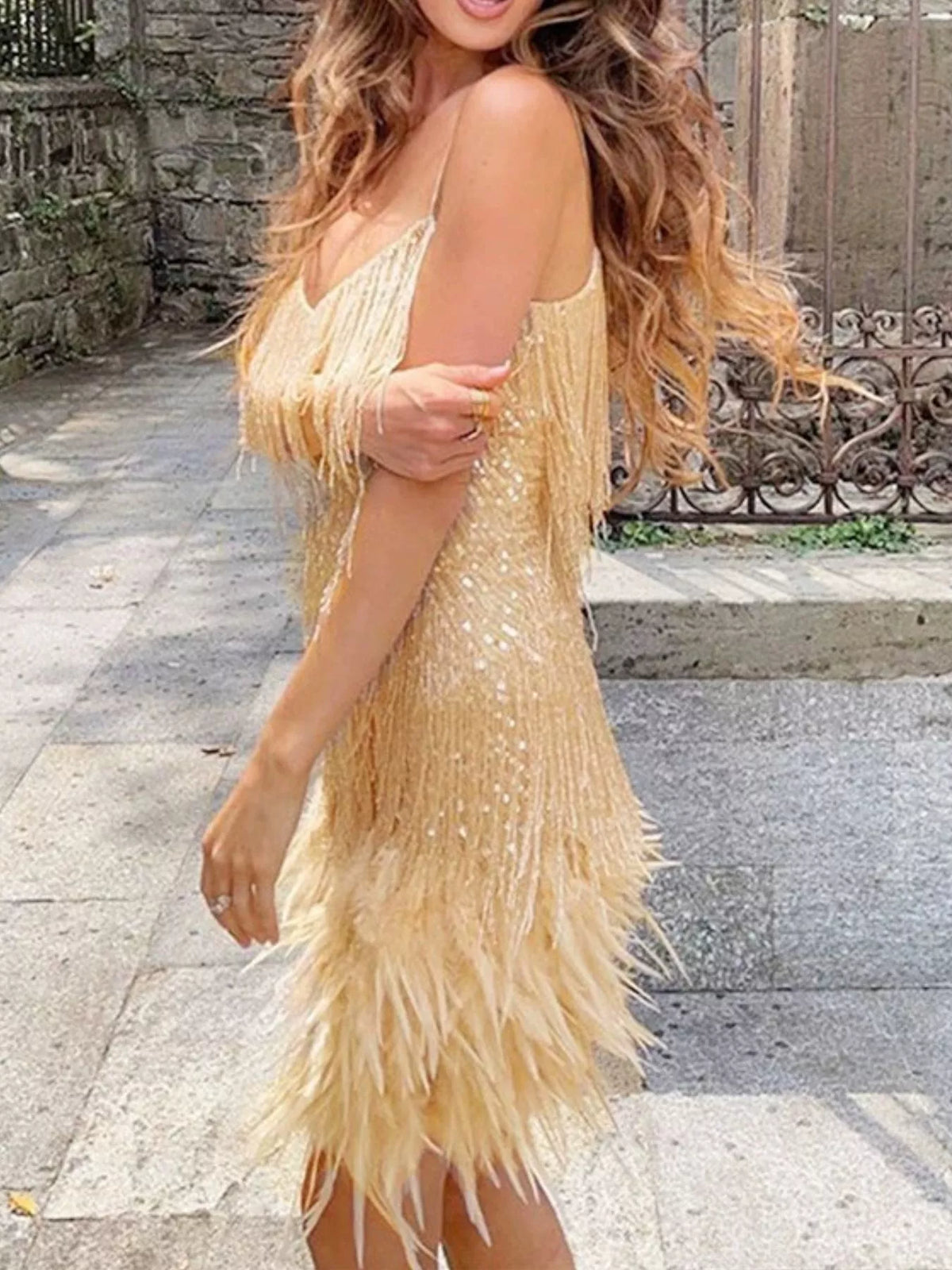 plus size gold fringe dress Paris's Full Sequin and Feather Mini Size – Blue Zone Planet Size:12 size Maxi lenght Girls 10 Floral Party This plus size dress vibe-witch
