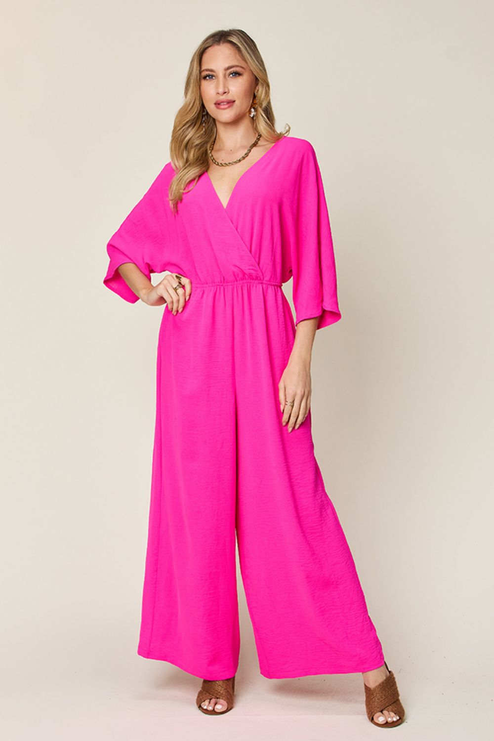 Double Take Full Size Surplice Wide Leg Jumpsuit with Pockets-TOPS / DRESSES-[Adult]-[Female]-Hot Pink-S-2022 Online Blue Zone Planet