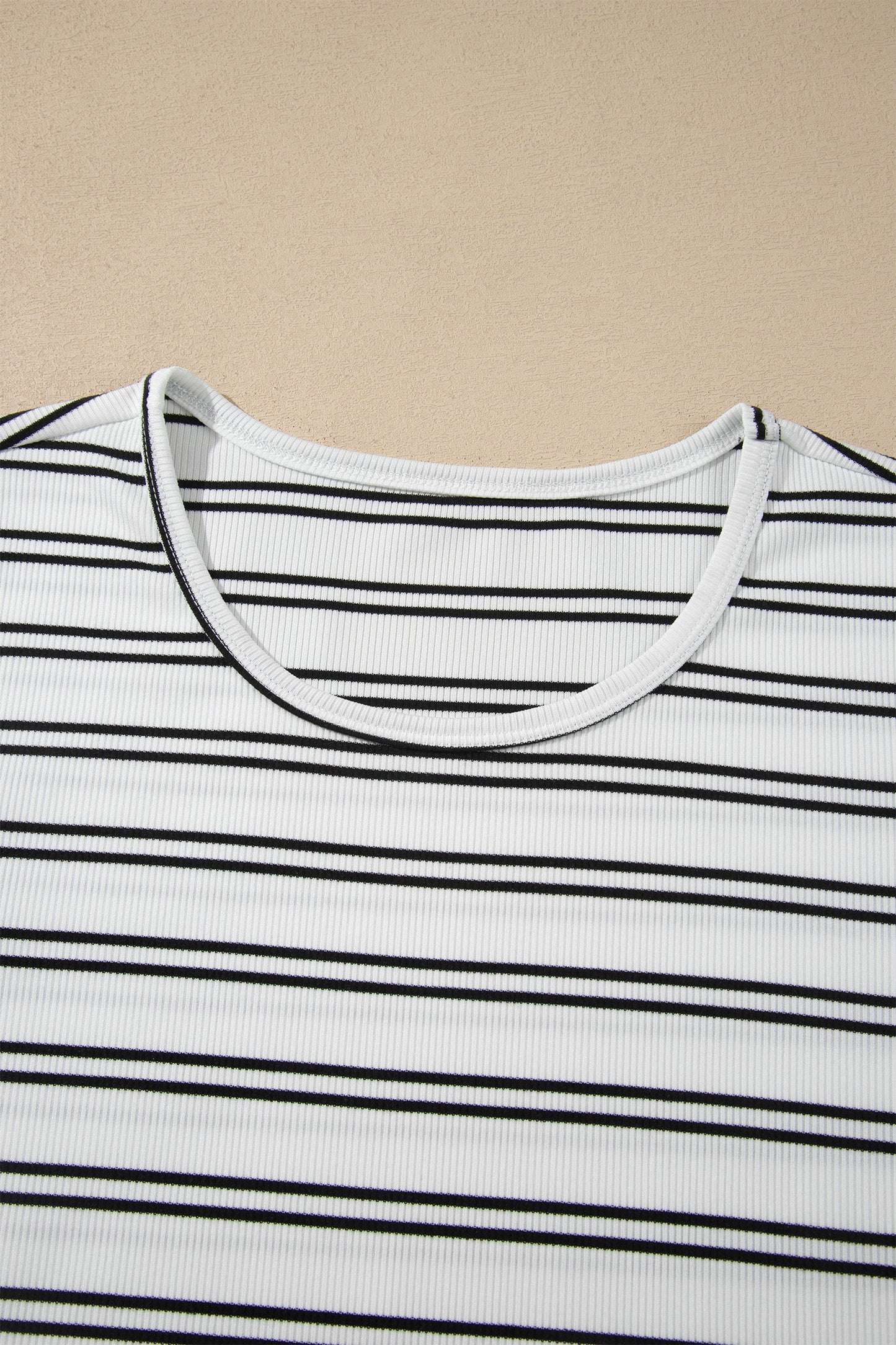 Beige Stripe Ribbed Knit Round Neck Long Sleeve Top-Tops/Long Sleeve Tops-[Adult]-[Female]-2022 Online Blue Zone Planet