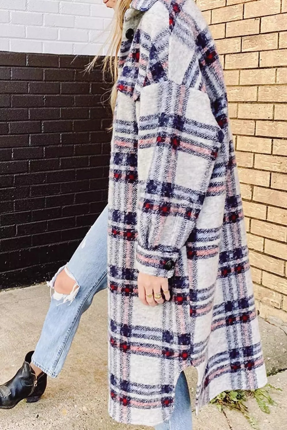 Pocketed Plaid Long Sleeve Coat-TOPS / DRESSES-[Adult]-[Female]-2022 Online Blue Zone Planet