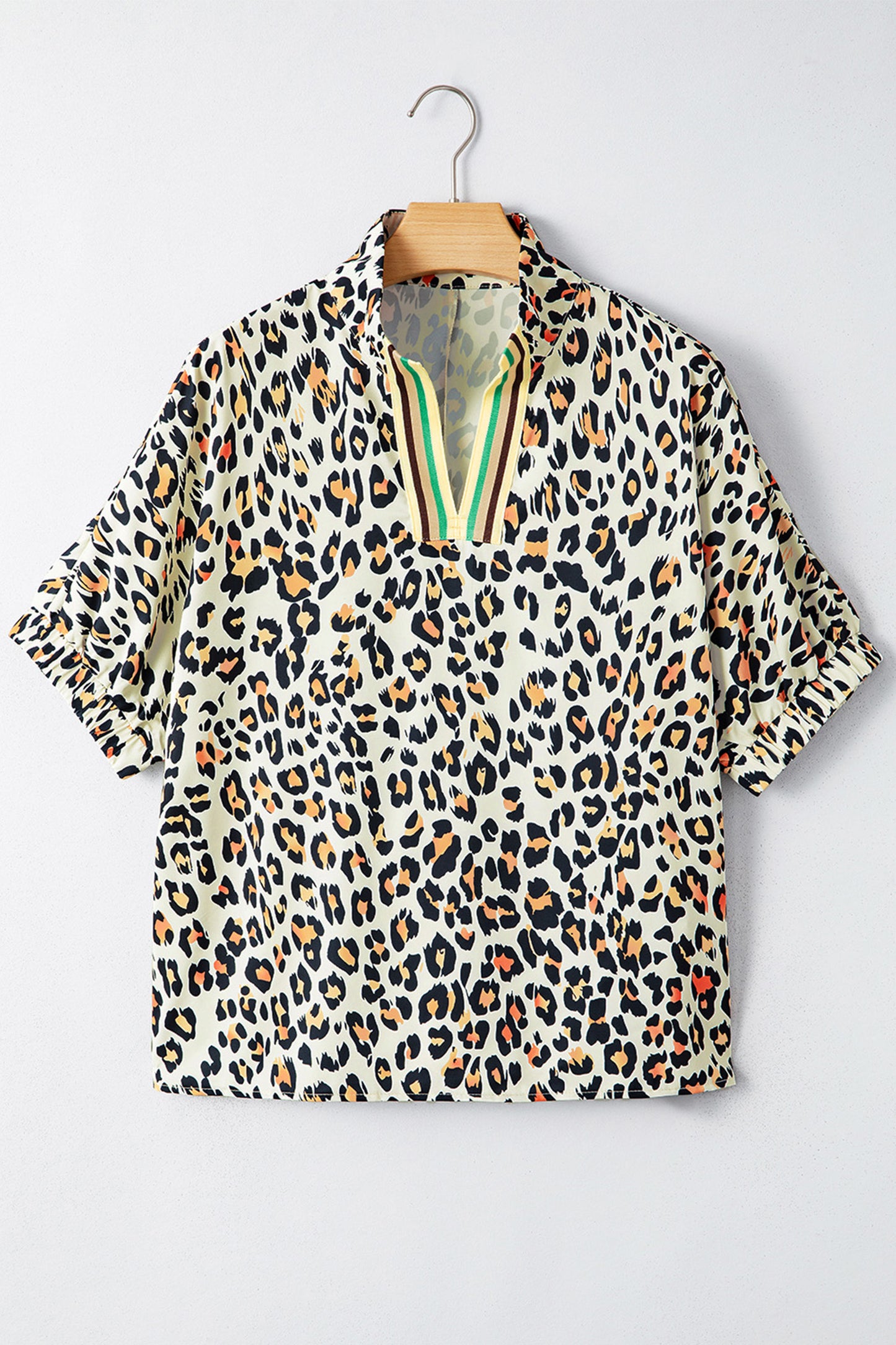 Khaki Leopard Color Block Contrast Striped V Neck Half Sleeve Loose Fit Blouse-Tops/Blouses & Shirts-[Adult]-[Female]-2022 Online Blue Zone Planet