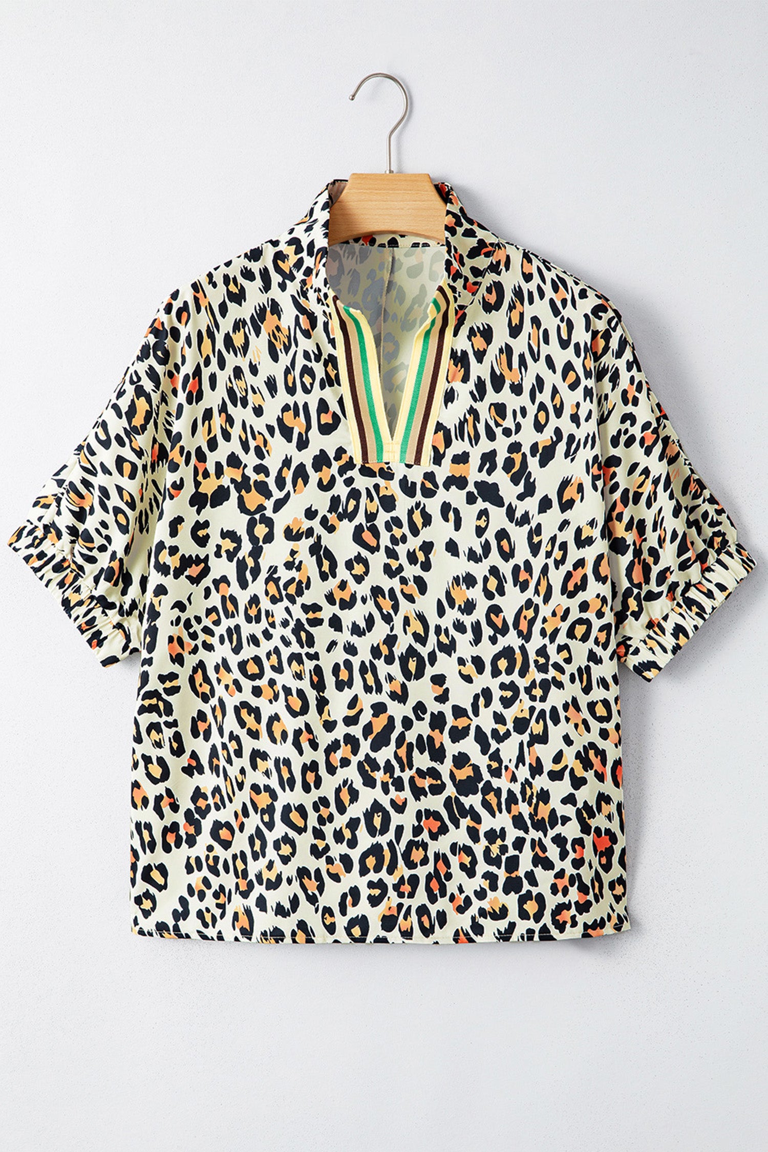 Khaki Leopard Color Block Contrast Striped V Neck Half Sleeve Loose Fit Blouse-Tops/Blouses & Shirts-[Adult]-[Female]-2022 Online Blue Zone Planet