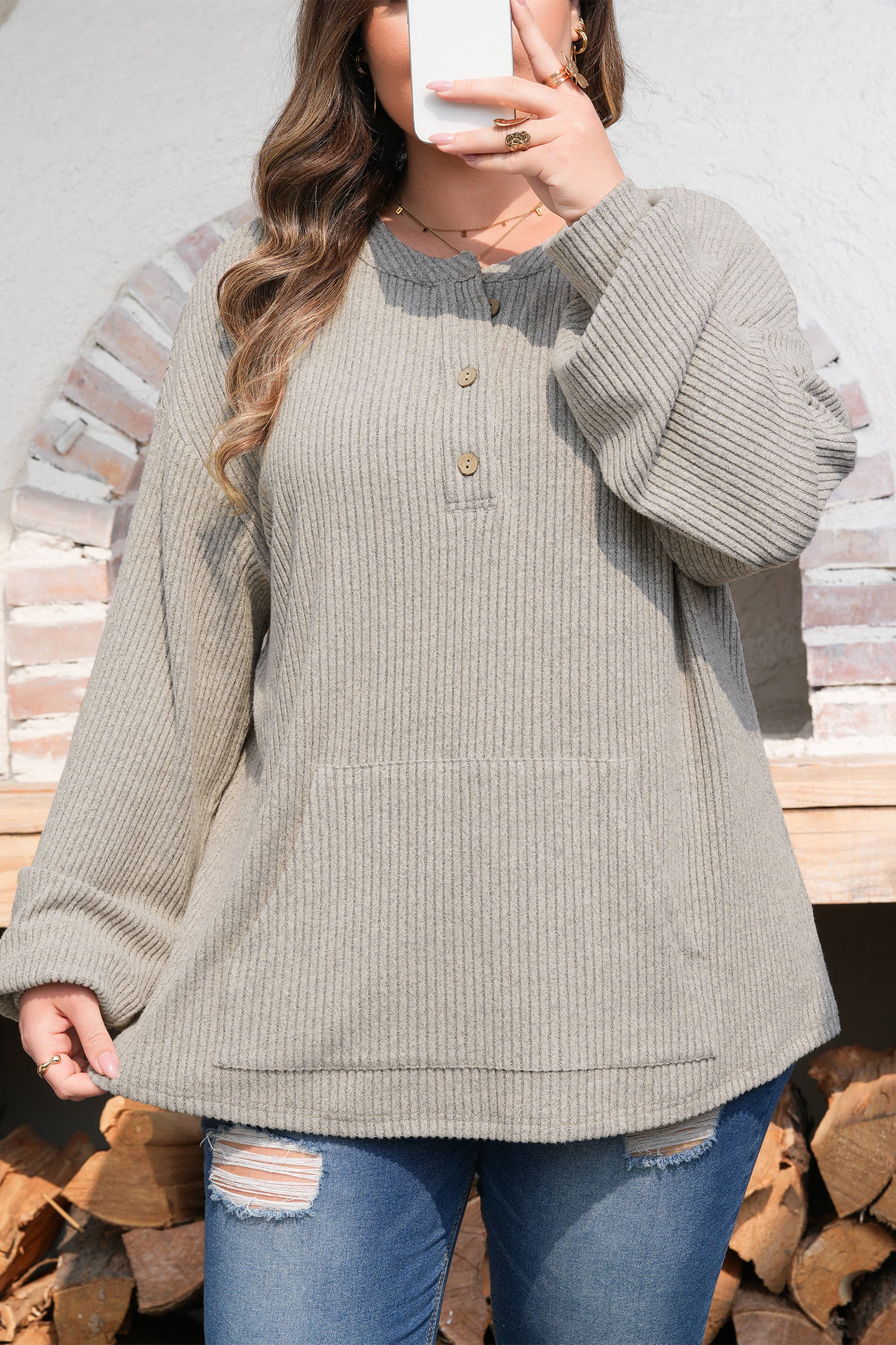Simply Taupe Plus Size Ribbed Knit Kangaroo Pocket Henley Long Sleeve Top-Plus Size/Plus Size Tops/Plus Size Long Sleeve Tops-[Adult]-[Female]-2022 Online Blue Zone Planet