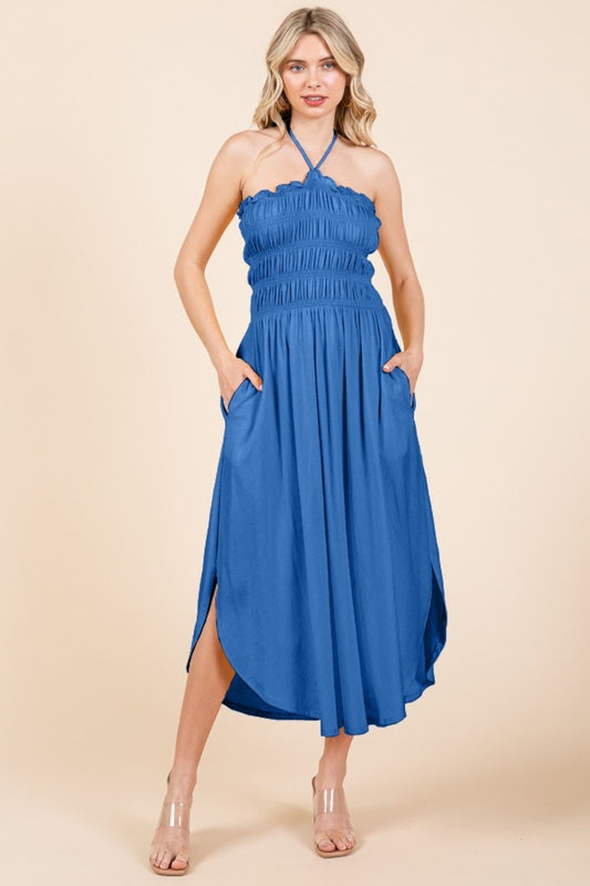 Culture Code Tie Back Shirring Dress with Pockets-TOPS / DRESSES-[Adult]-[Female]-Blue-S-2022 Online Blue Zone Planet