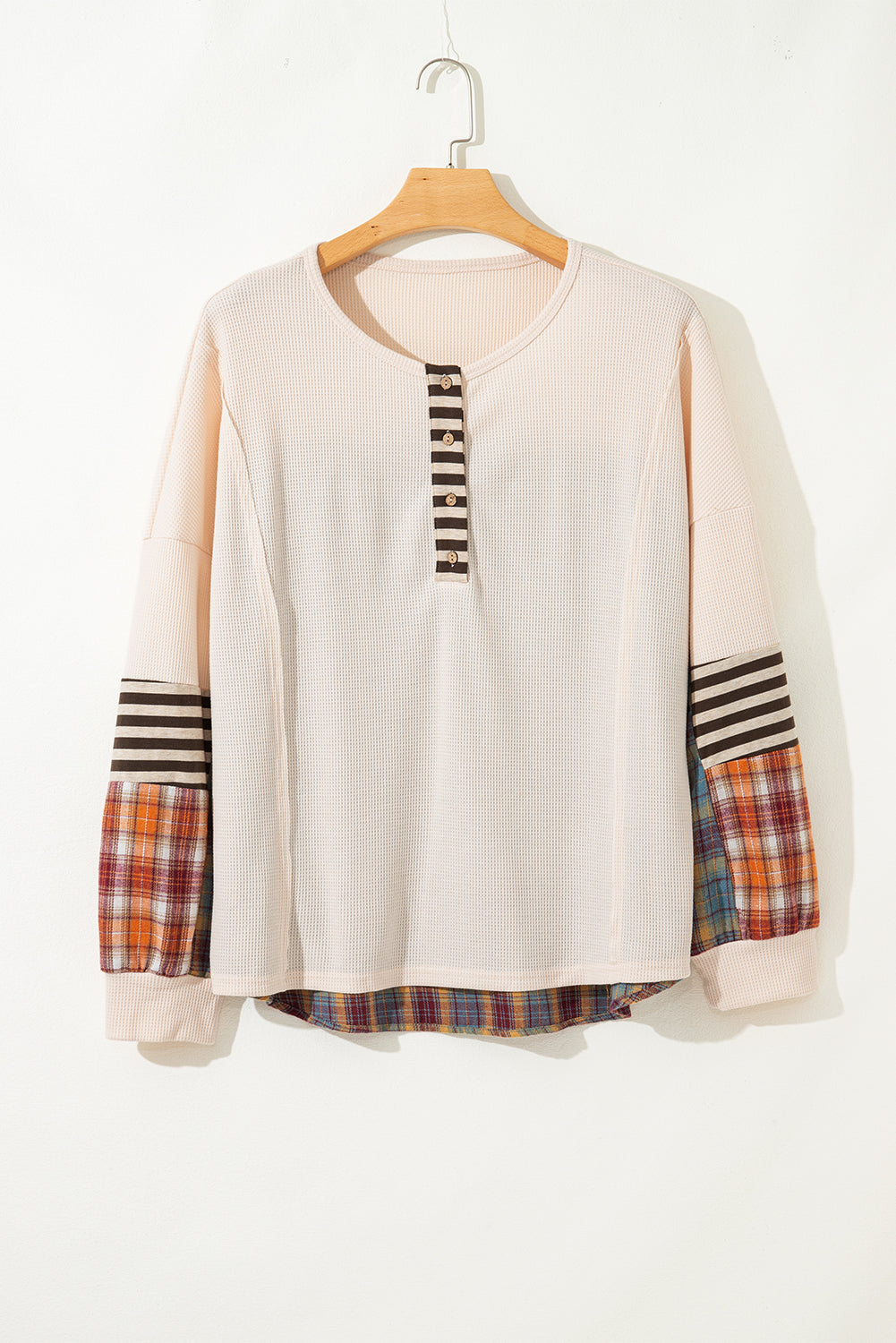 Parchment Plus Size Waffle Colorblock Striped Plaid Patchwork Half Button Pullover-Plus Size/Plus Size Tops/Plus Size Long Sleeve Tops-[Adult]-[Female]-2022 Online Blue Zone Planet