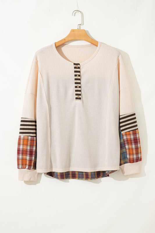 Parchment Plus Size Waffle Colorblock Striped Plaid Patchwork Half Button Pullover-Plus Size/Plus Size Tops/Plus Size Long Sleeve Tops-[Adult]-[Female]-2022 Online Blue Zone Planet