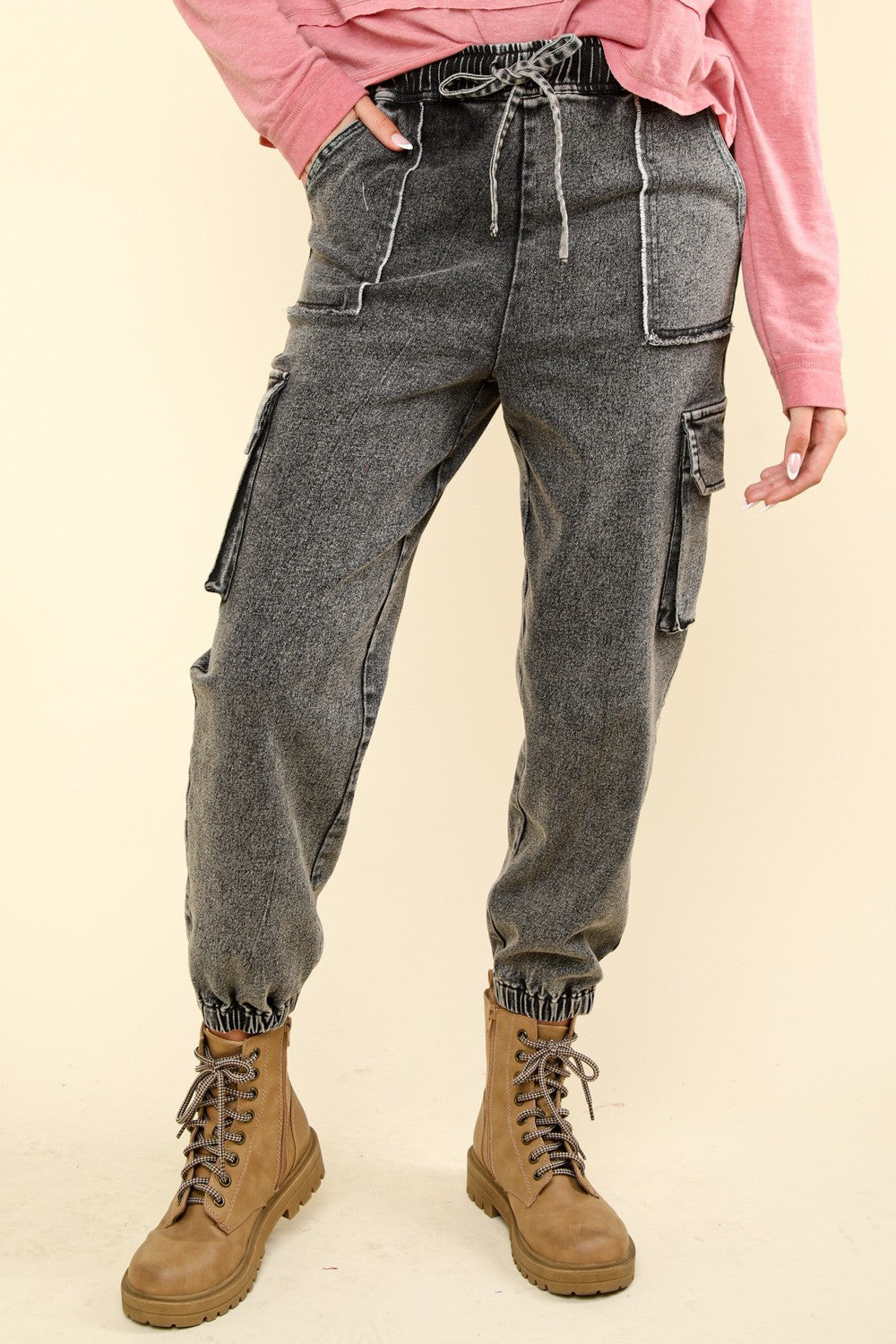 VERY J Washed Drawstring Jogger Cargo Jeans-TOPS / DRESSES-[Adult]-[Female]-Black Denim-S-2022 Online Blue Zone Planet