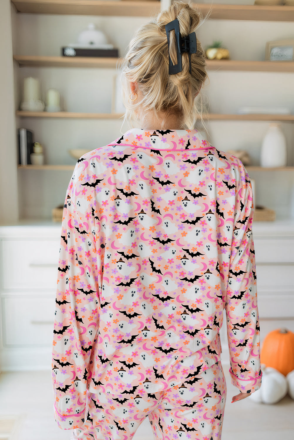 Pink Halloween Eve Haunted Honey Bat Print Pajama Set-Loungewear & Sleepwear/Sleepwear-[Adult]-[Female]-2022 Online Blue Zone Planet
