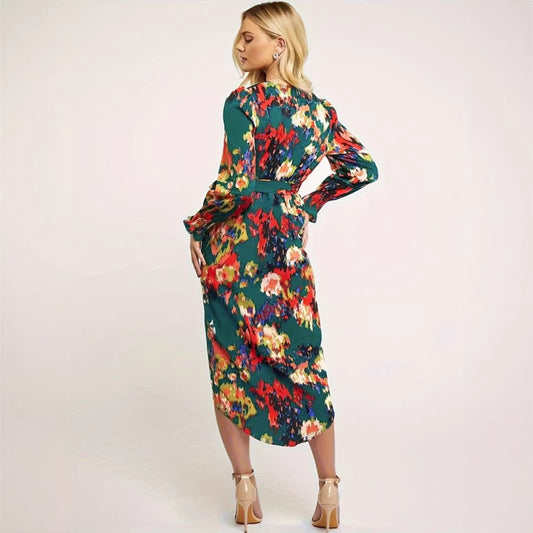 Laura's Elegant Round Neck Abstract Print Midi Dress-TOPS / DRESSES-[Adult]-[Female]-2022 Online Blue Zone Planet