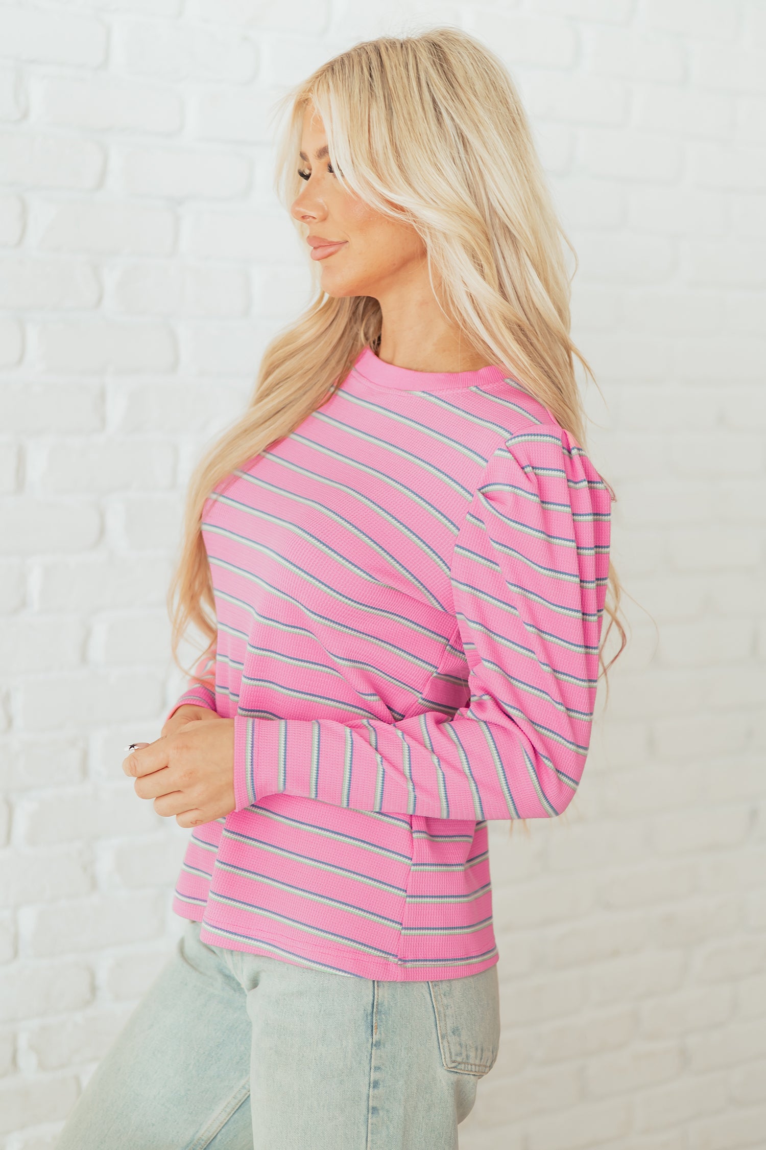 Rose Stripe Textured Knit Round Neck Long Sleeve Top-Tops/Long Sleeve Tops-[Adult]-[Female]-2022 Online Blue Zone Planet