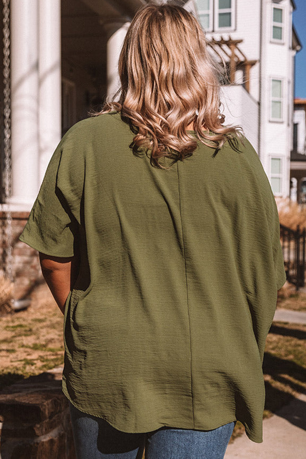 Four Leaf Clover Textured Half Sleeve V Neck Plus Size T Shirt with Chest Pocket-Plus Size/Plus Size Tops/Plus Size Tops & Tees-[Adult]-[Female]-2022 Online Blue Zone Planet