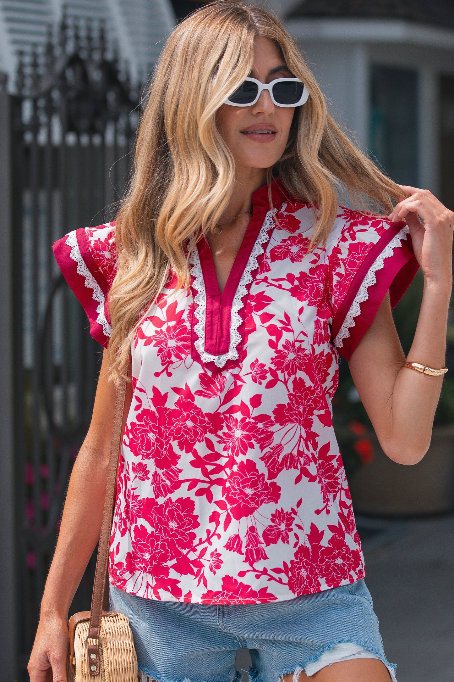 Red Floral Print Color Block Trim Lace Detail V Neck Flutter Sleeve Blouse-Tops/Blouses & Shirts-[Adult]-[Female]-2022 Online Blue Zone Planet