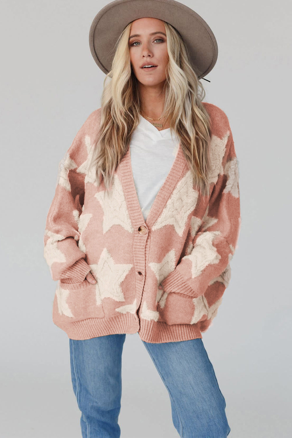 Pink Sherpa Star Pattern Textured Sweater Cardigan with Pockets-Sweaters & Cardigans/Cardigans-[Adult]-[Female]-2022 Online Blue Zone Planet