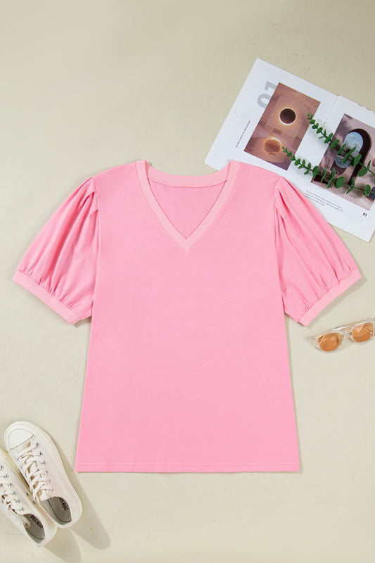 Bonbon V Neck Pleated Short Puff Sleeve Plus Size Blouse-Plus Size/Plus Size Tops/Plus Size Blouses & Shirts-[Adult]-[Female]-2022 Online Blue Zone Planet