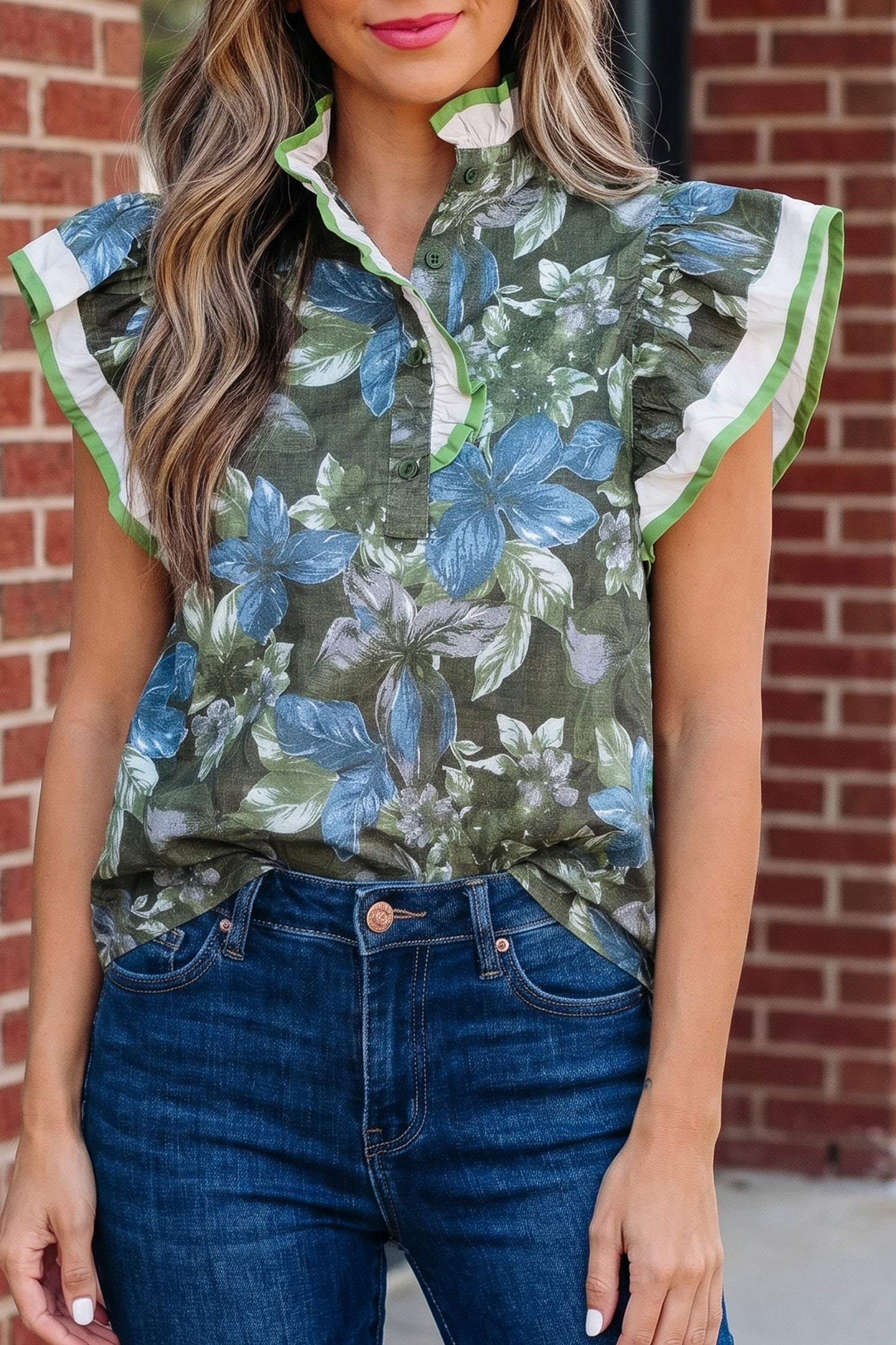 Green Ruffled Short Sleeve Floral Summer Blouse-Tops/Blouses & Shirts-[Adult]-[Female]-2022 Online Blue Zone Planet