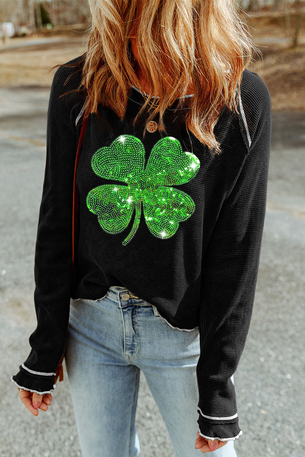 Black Sequin Four Leaf Clover Contrast Lettuce Trim Waffle Graphic Top-Graphic Tees-[Adult]-[Female]-2022 Online Blue Zone Planet