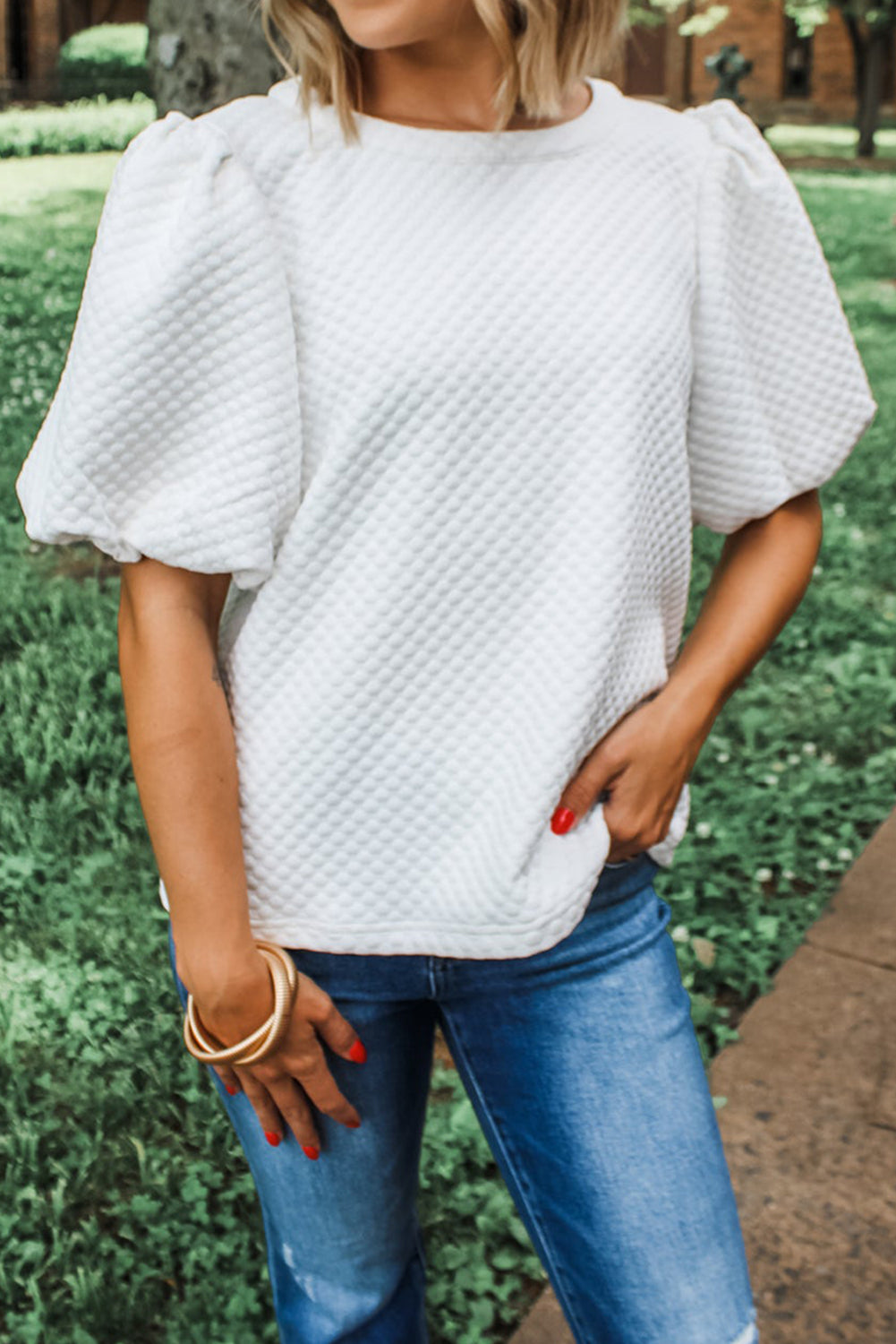 Blue Zone Planet | White Solid Textured O Neck Puff Sleeve Blouse-Tops/Blouses & Shirts-[Adult]-[Female]-White-S-2022 Online Blue Zone Planet