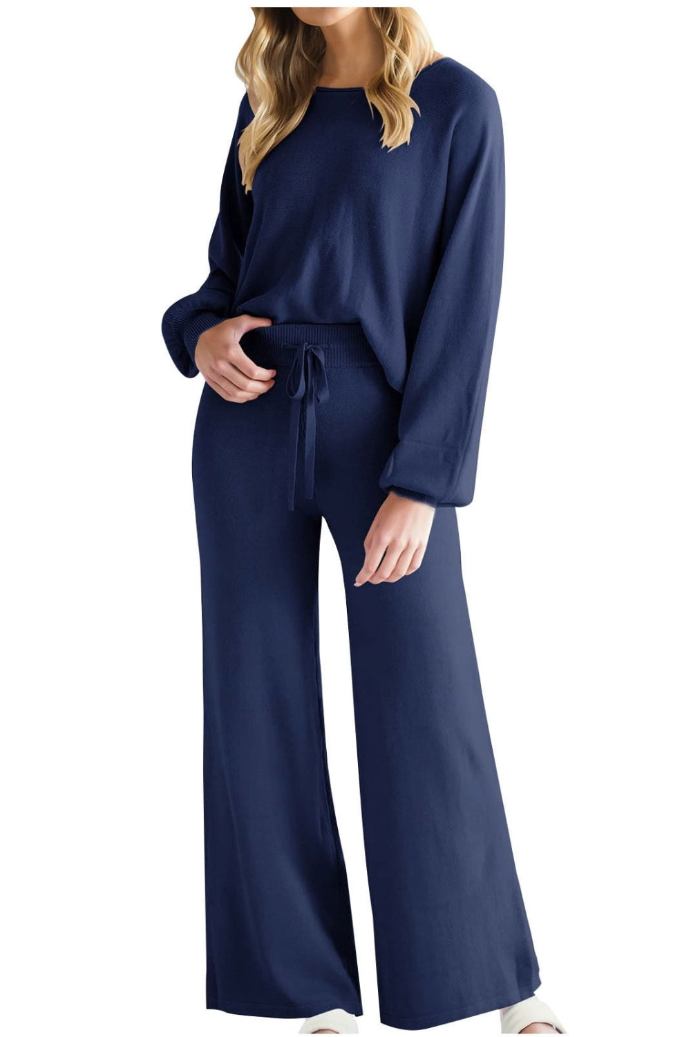 Blue Zone Planet | Round Neck Long Sleeve Top and Pants Set-TOPS / DRESSES-[Adult]-[Female]-2022 Online Blue Zone Planet