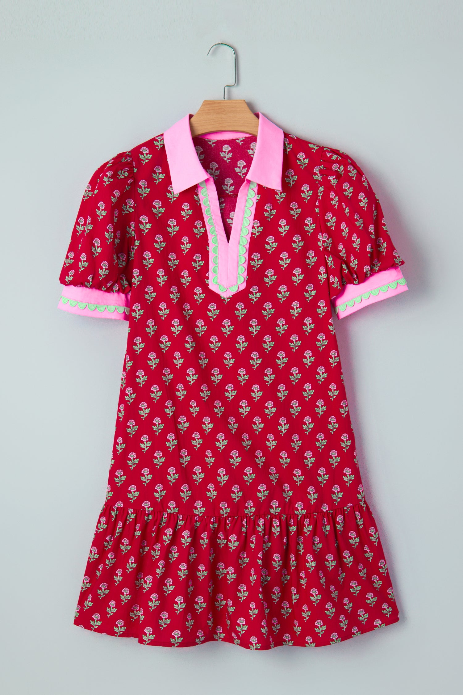Red Floral Print Contrasted V Neck Short Bubble Sleeve Mini Dress-TOPS / DRESSES-[Adult]-[Female]-2022 Online Blue Zone Planet