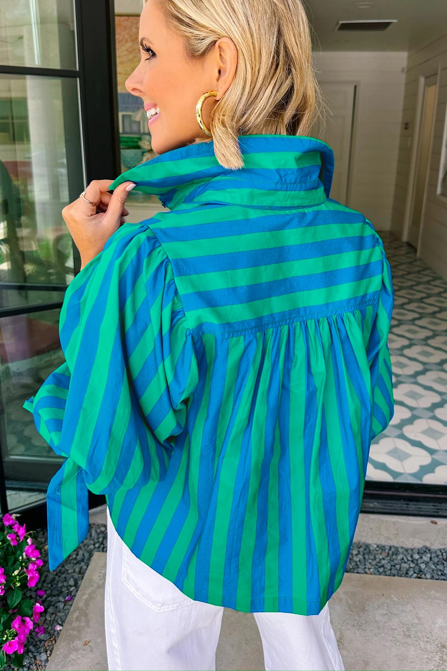 Blue Stripe Tie Puff Sleeve Womens Button Down Shirt-Tops/Blouses & Shirts-[Adult]-[Female]-2022 Online Blue Zone Planet