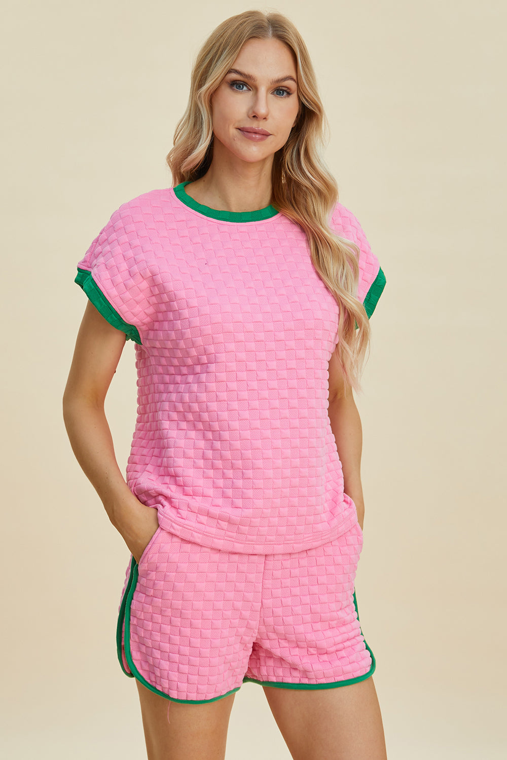 Double Take Full Size Texture Contrast T-Shirt and Shorts Set-TOPS / DRESSES-[Adult]-[Female]-Pink-S-2022 Online Blue Zone Planet