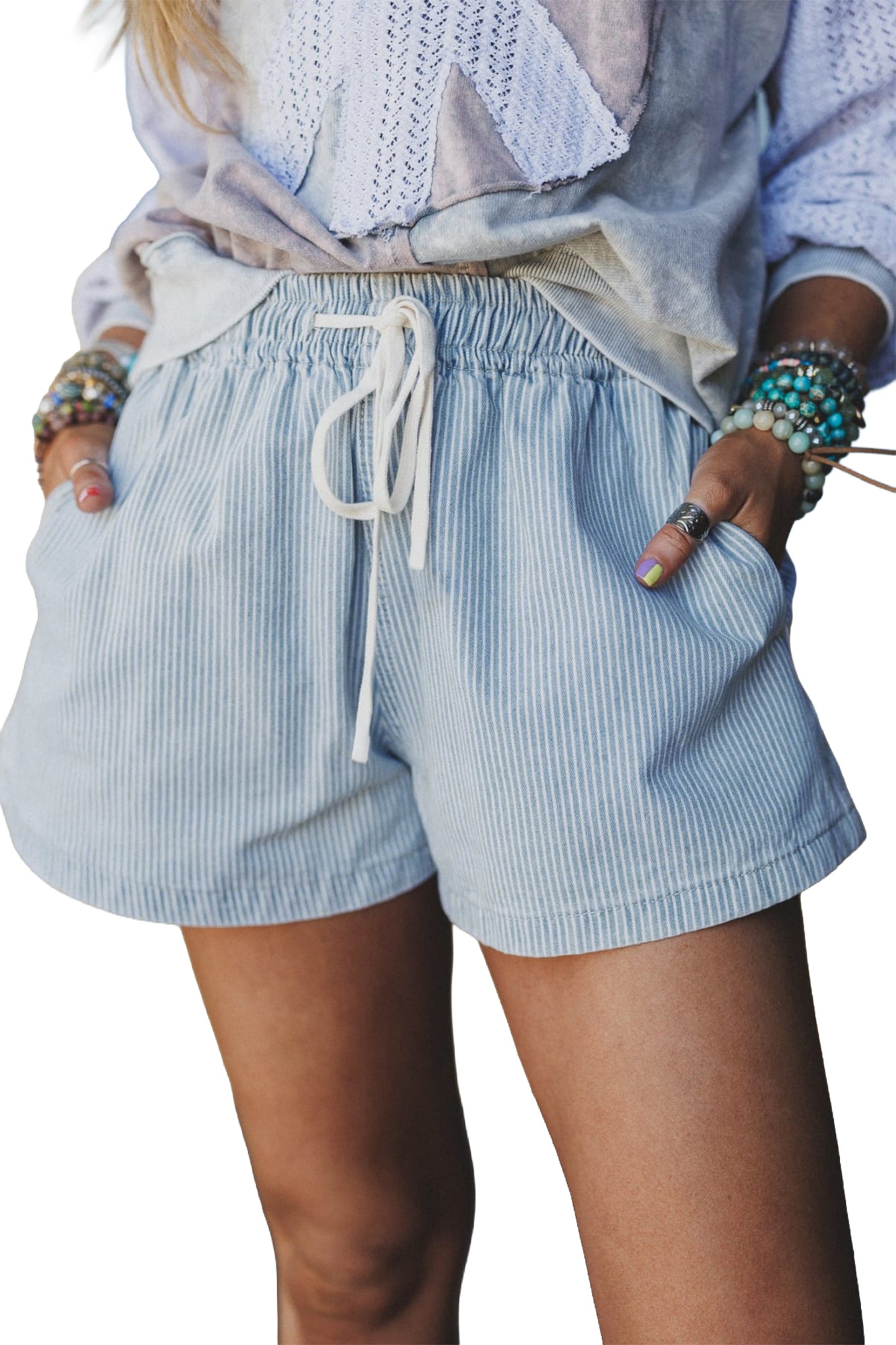 Sky Blue Stripe Drawstring Elastic Waist Casual Denim Shorts-Bottoms/Denim Shorts-[Adult]-[Female]-2022 Online Blue Zone Planet