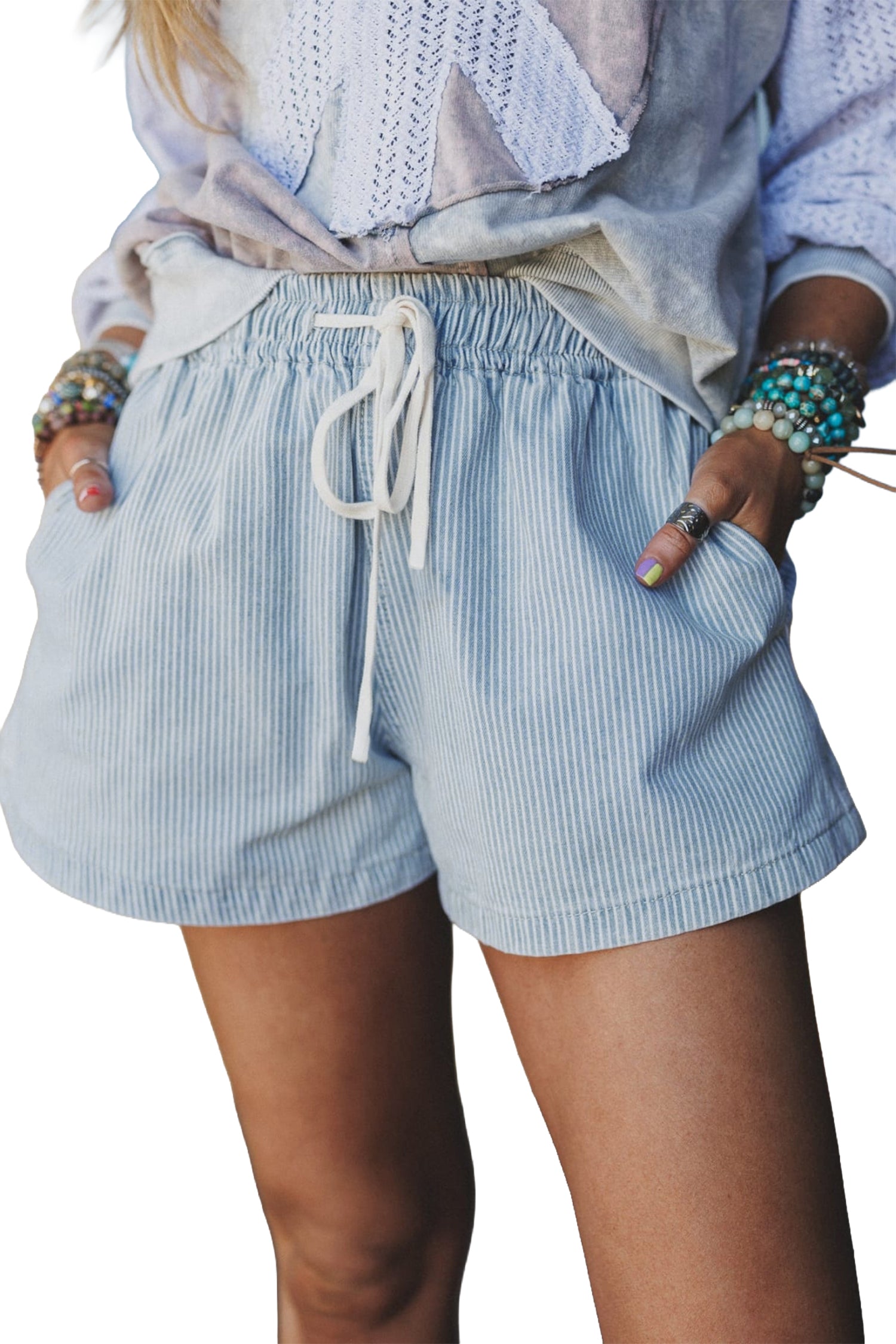 Sky Blue Stripe Drawstring Elastic Waist Casual Denim Shorts-Bottoms/Denim Shorts-[Adult]-[Female]-2022 Online Blue Zone Planet