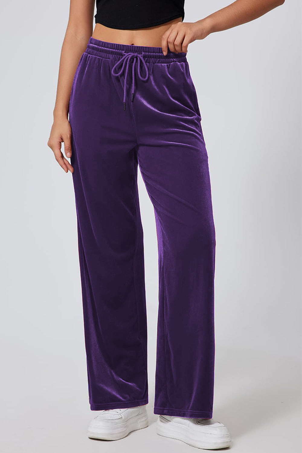 Drawstring Elastic Waist Straight Leg Pants-BOTTOMS SIZES SMALL MEDIUM LARGE-[Adult]-[Female]-Violet-S-2022 Online Blue Zone Planet