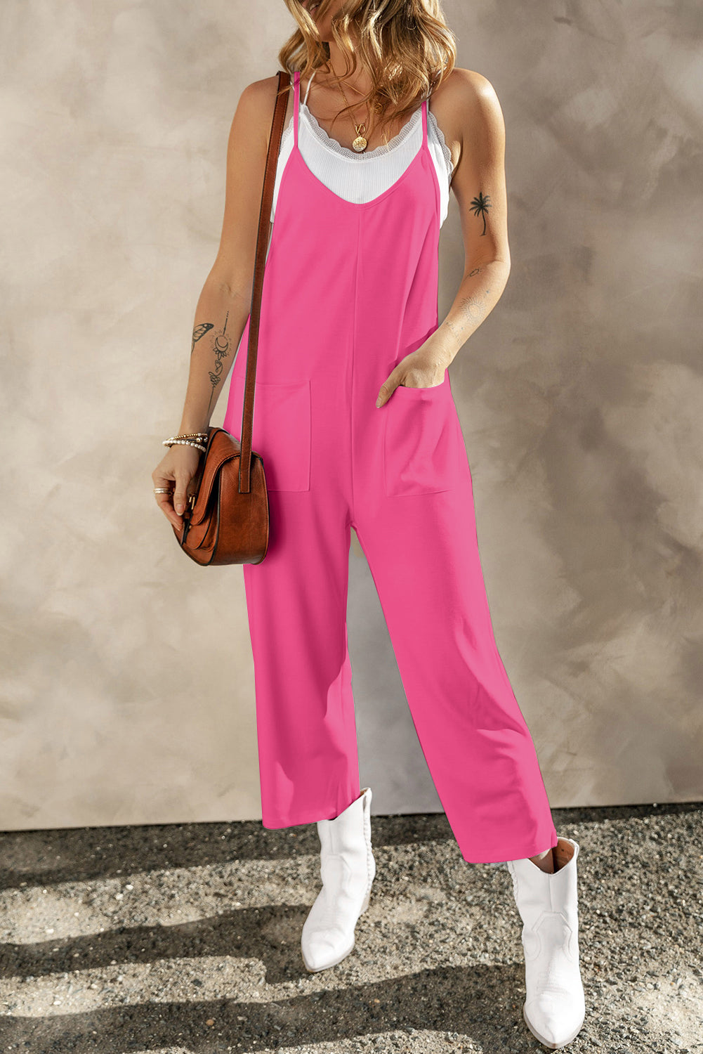 Pocketed Spaghetti Strap Wide Leg Jumpsuit-TOPS / DRESSES-[Adult]-[Female]-Hot Pink-S-2022 Online Blue Zone Planet