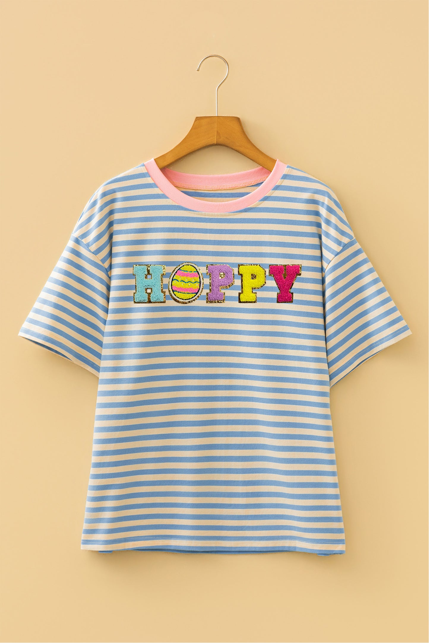 Sky Blue Stripe HOPPY Chenille Patched Graphic Crew Neck Tee-Graphic/Graphic Tees-[Adult]-[Female]-2022 Online Blue Zone Planet