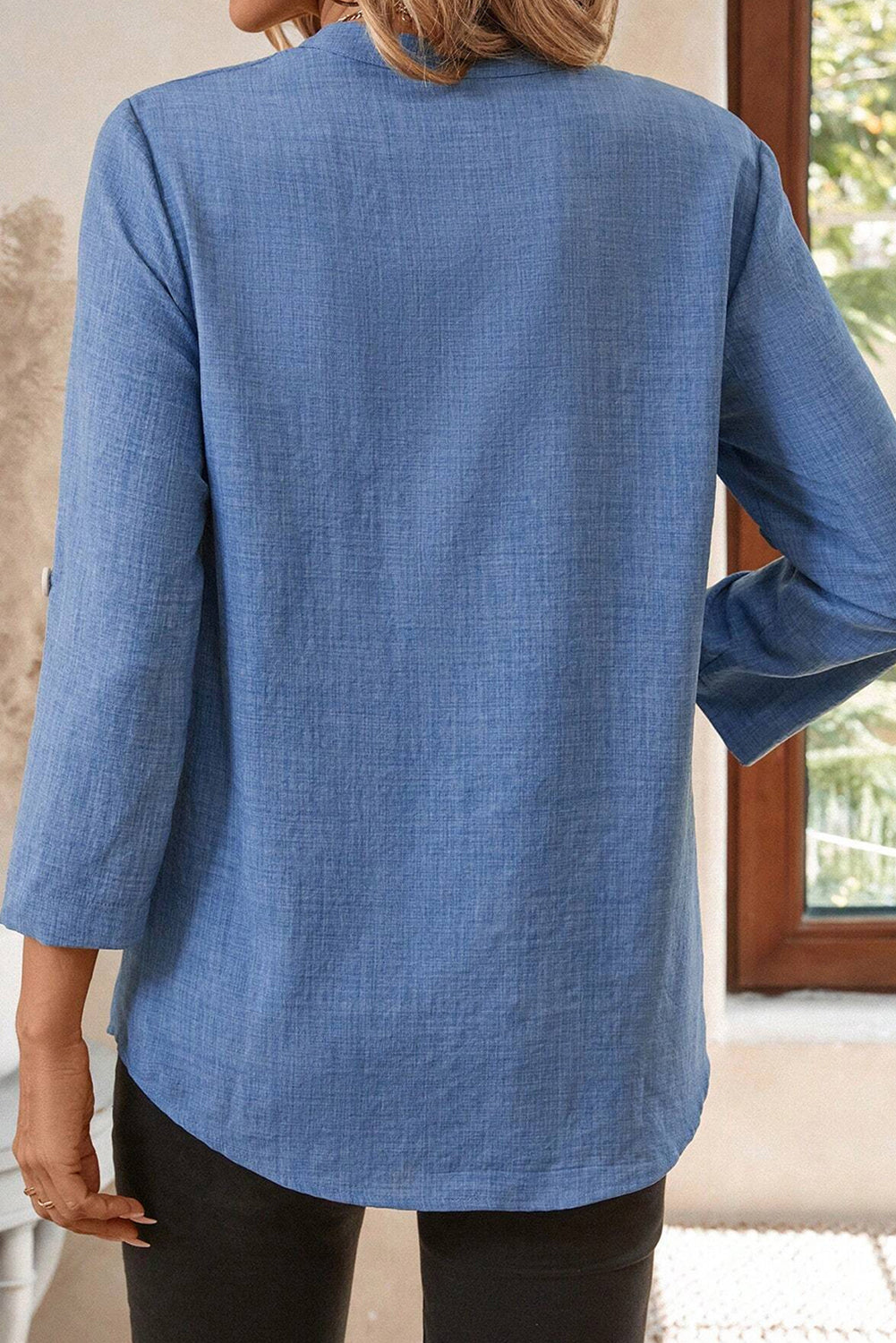 Ashleigh Blue Solid Color Notched V Neck Roll up 3/4 Sleeve Blouse-Tops/Blouses & Shirts-[Adult]-[Female]-2022 Online Blue Zone Planet