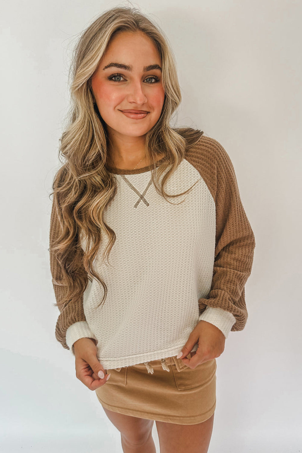 Camel Waffle Color Block Raglan Sleeve Top-Tops/Long Sleeve Tops-[Adult]-[Female]-2022 Online Blue Zone Planet