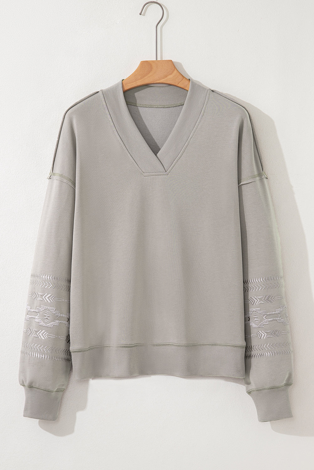 Parchment Aztec Embroidered Western V Neck Sweatshirt-Tops/Sweatshirts & Hoodies-[Adult]-[Female]-Parchment-S-2022 Online Blue Zone Planet