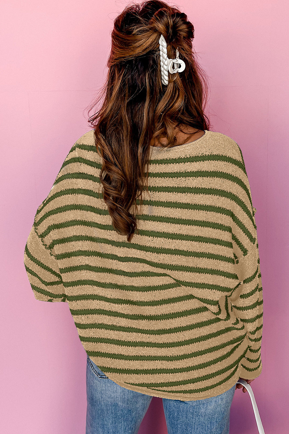 Blue Zone Planet | Green Stripe Casual Stripe Round Neck Drop Shoulder Sweater-Sweaters-[Adult]-[Female]-2022 Online Blue Zone Planet