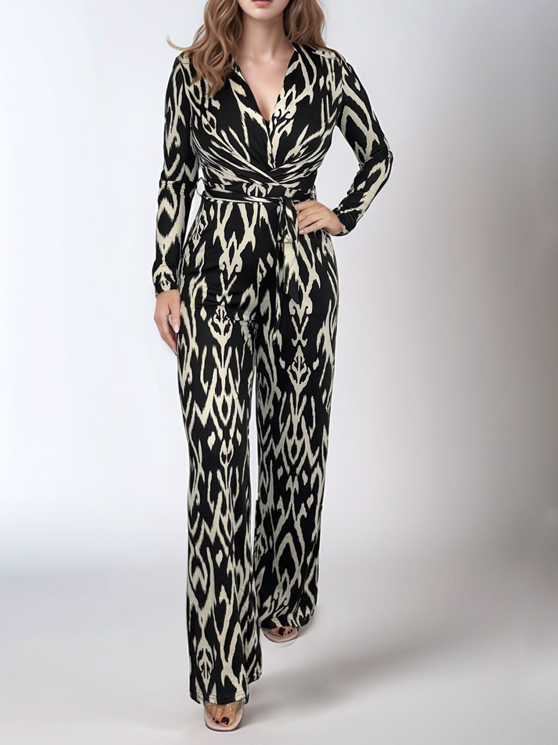 Full Size Leopard Tie Waist Long Sleeve Jumpsuit Plus Size-TOPS / DRESSES-[Adult]-[Female]-Brown Zebra-S-2022 Online Blue Zone Planet