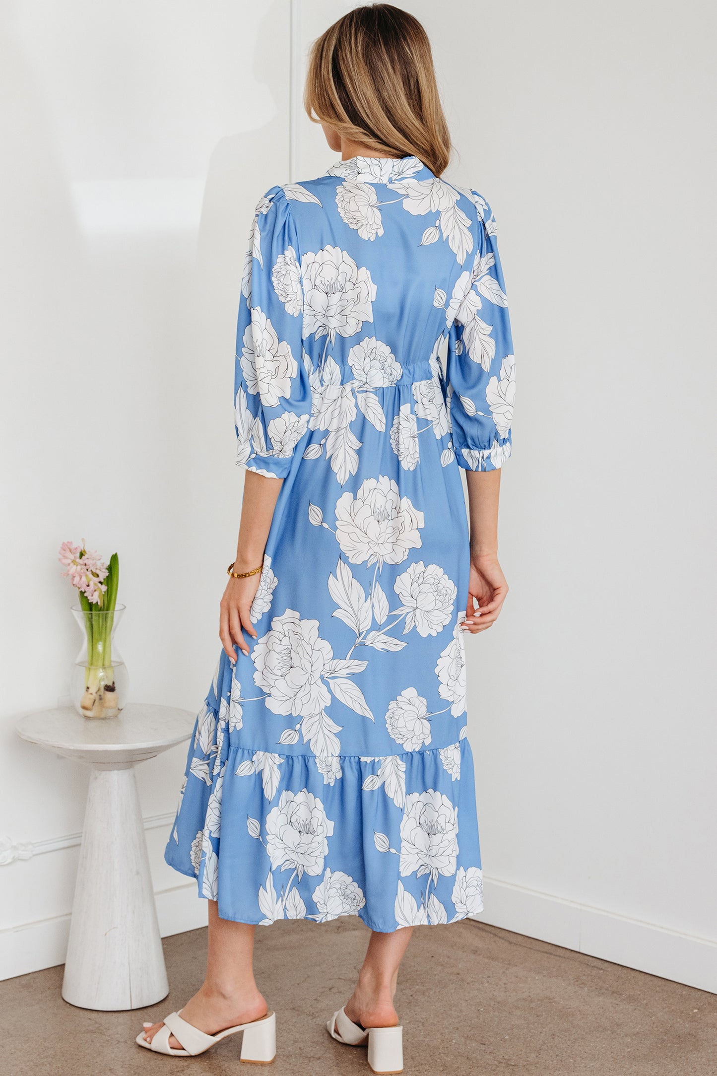 Sky Blue Floral Print Shirt Collar Button Down 3/4 Sleeve Ruffle Hem Long Dress-TOPS / DRESSES-[Adult]-[Female]-2022 Online Blue Zone Planet