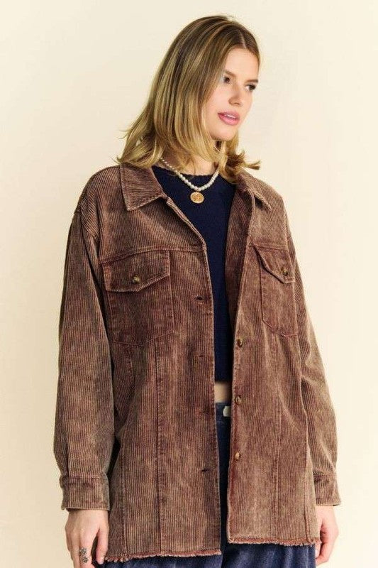 Davi & Dani Washed Corduroy Raw Hem Button Up Jacket-TOPS / DRESSES-[Adult]-[Female]-2022 Online Blue Zone Planet