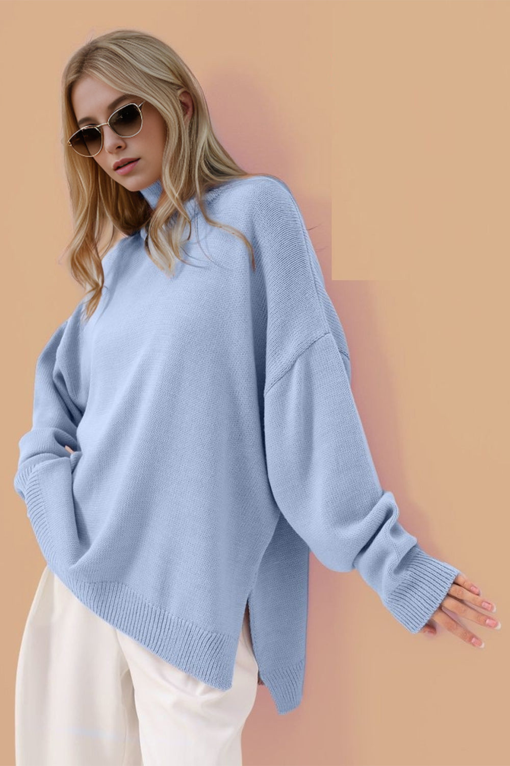 Basic Bae Side Slit Turtleneck Long Sleeve Sweater-TOPS / DRESSES-[Adult]-[Female]-2022 Online Blue Zone Planet