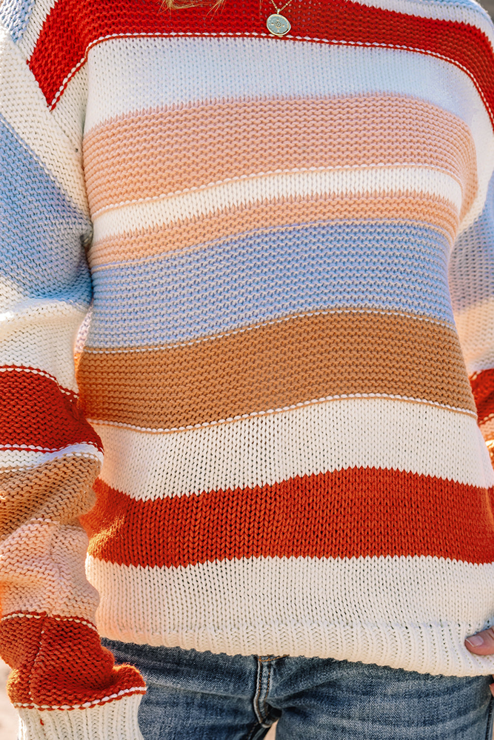 Pink Striped Colorblock Round Neck Drop Shoulder Sweater-Sweaters & Cardigans/Sweaters-[Adult]-[Female]-2022 Online Blue Zone Planet