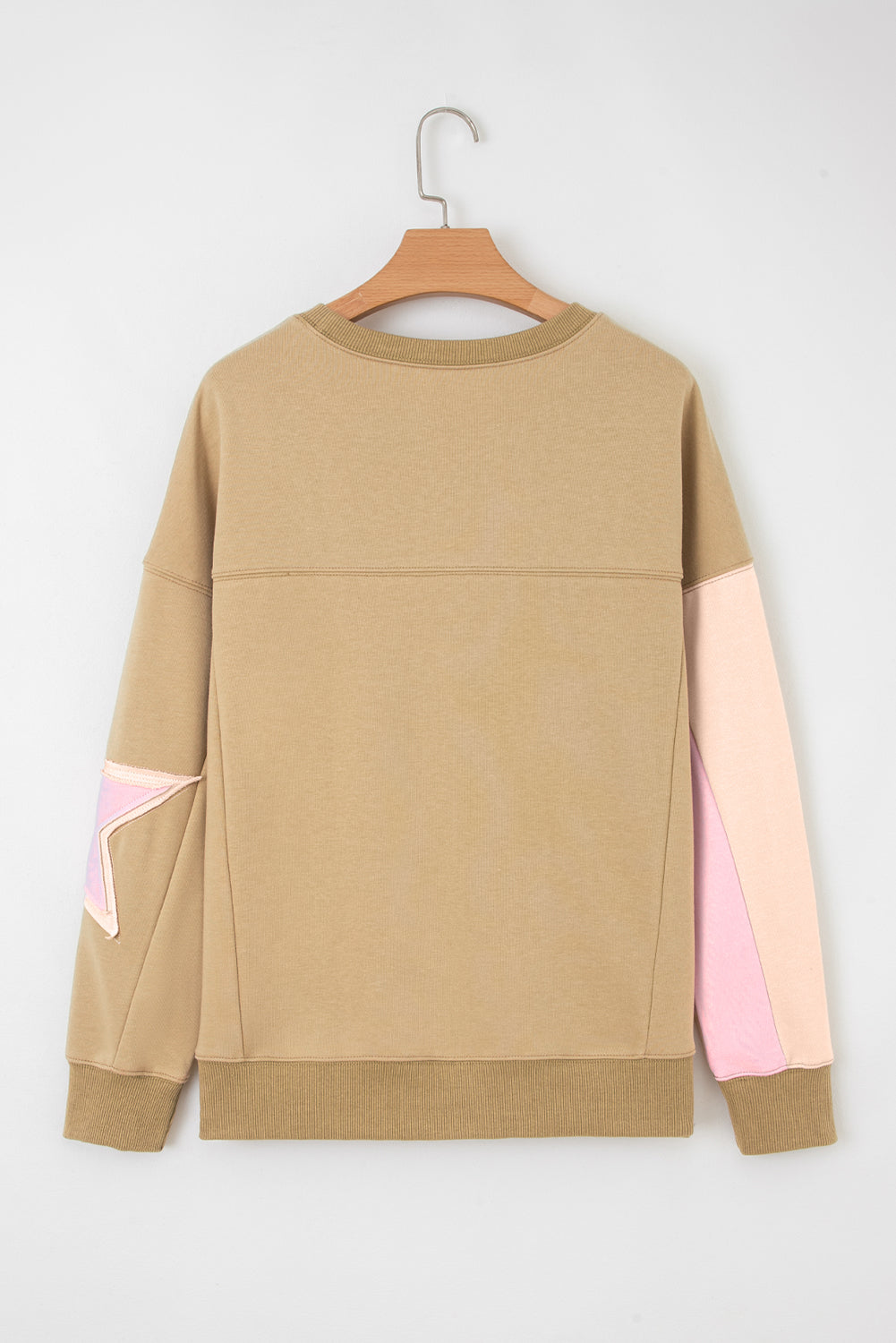 Sage Green Contrast Star Patchwork Exposed Seam Uneven Hem Drop Shoulder Sweatshirt-Tops/Sweatshirts & Hoodies-[Adult]-[Female]-2022 Online Blue Zone Planet
