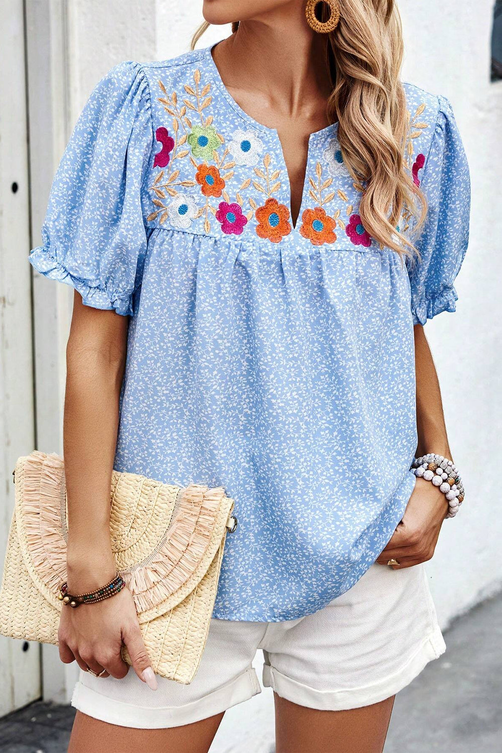 Sky Blue Floral Embroidered Puff Sleeve Notched V Neck Blouse-Tops/Blouses & Shirts-[Adult]-[Female]-2022 Online Blue Zone Planet