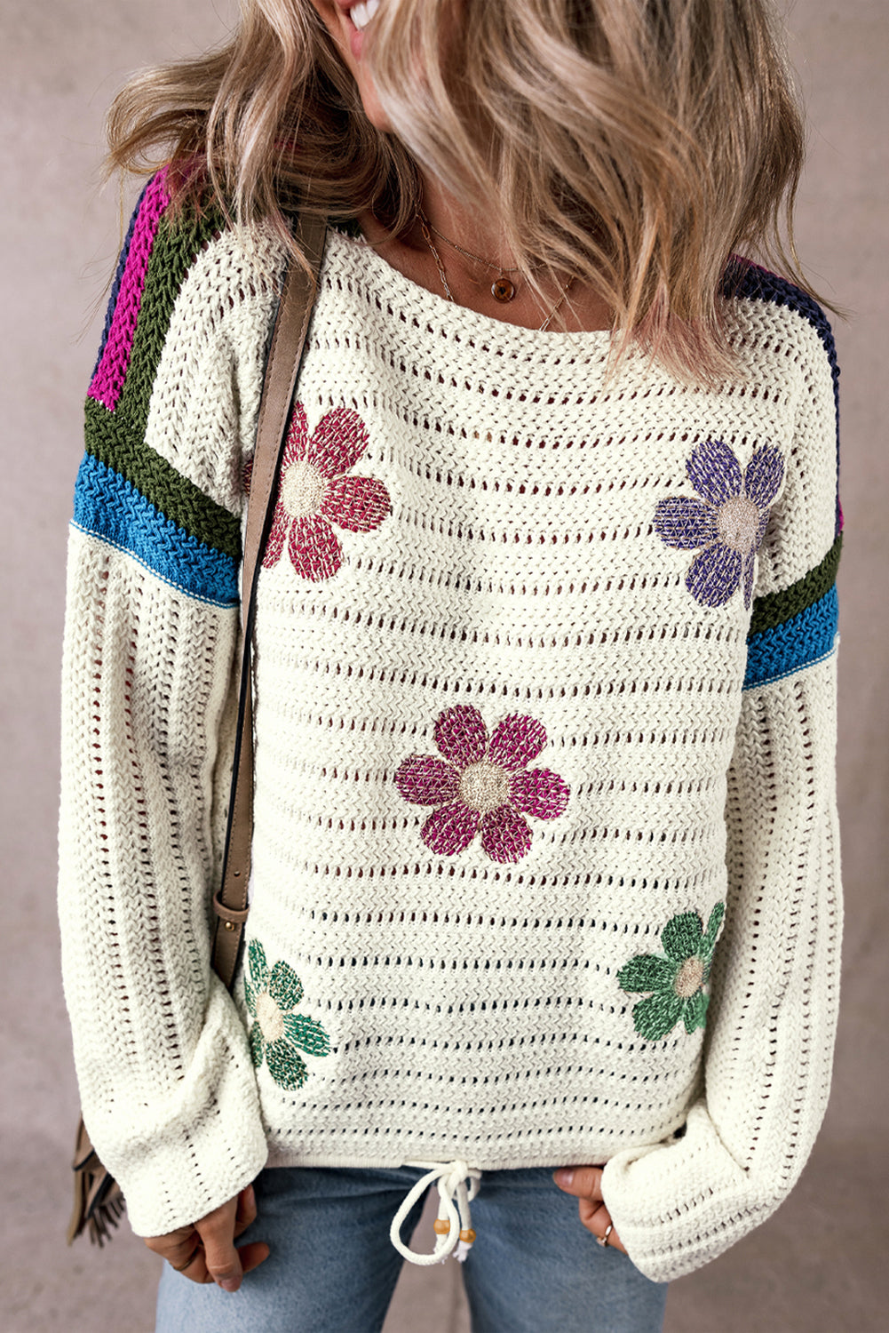 White Daisy Flower Pointelle Knit Sweater-Sweaters & Cardigans/Sweaters-[Adult]-[Female]-White-S-2022 Online Blue Zone Planet