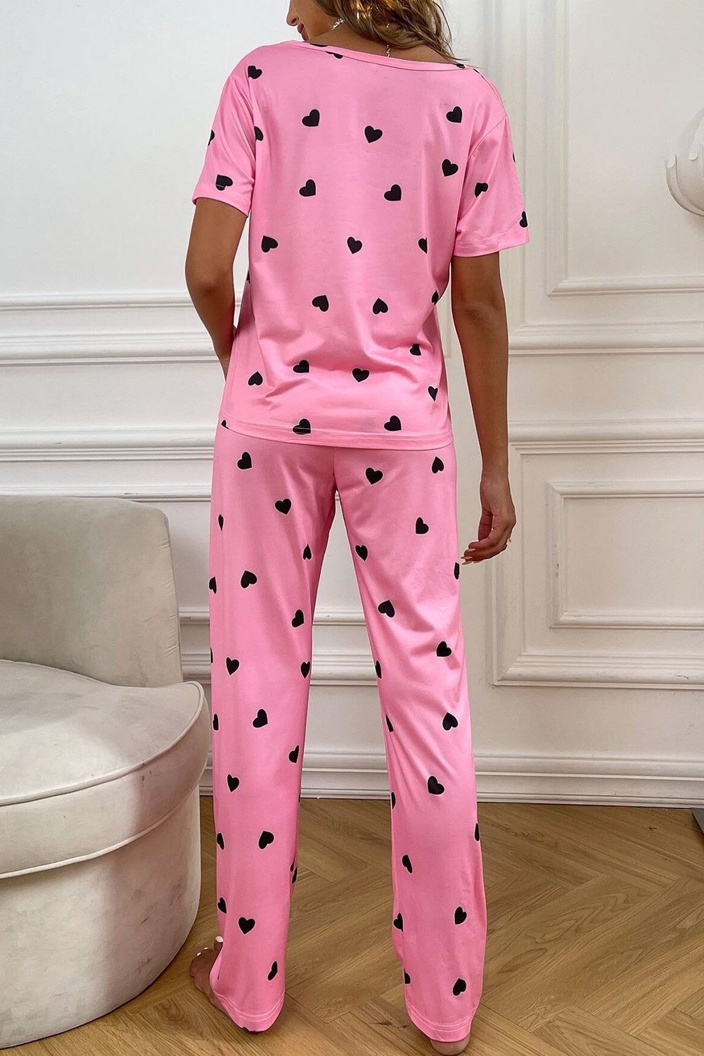 Pink Valentines Heart Print Tee & Pants Pajama Set-Loungewear Set-[Adult]-[Female]-2022 Online Blue Zone Planet