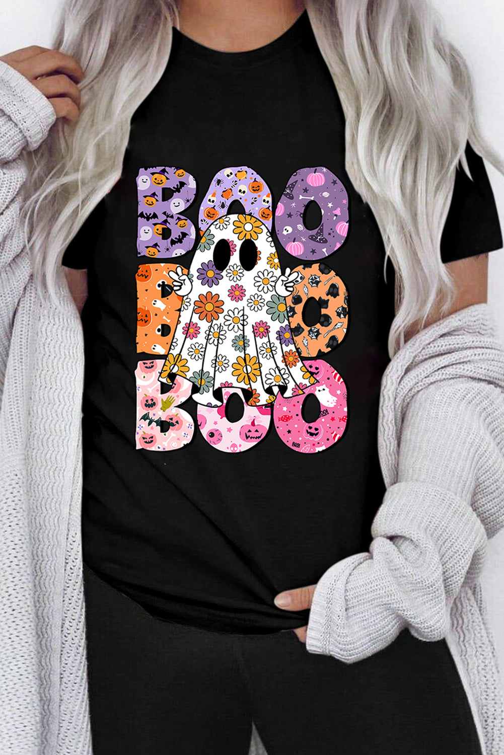 Black BOO Floral Ghost Print Crew Neck Halloween T Shirt-Graphic/Graphic Tees-[Adult]-[Female]-2022 Online Blue Zone Planet