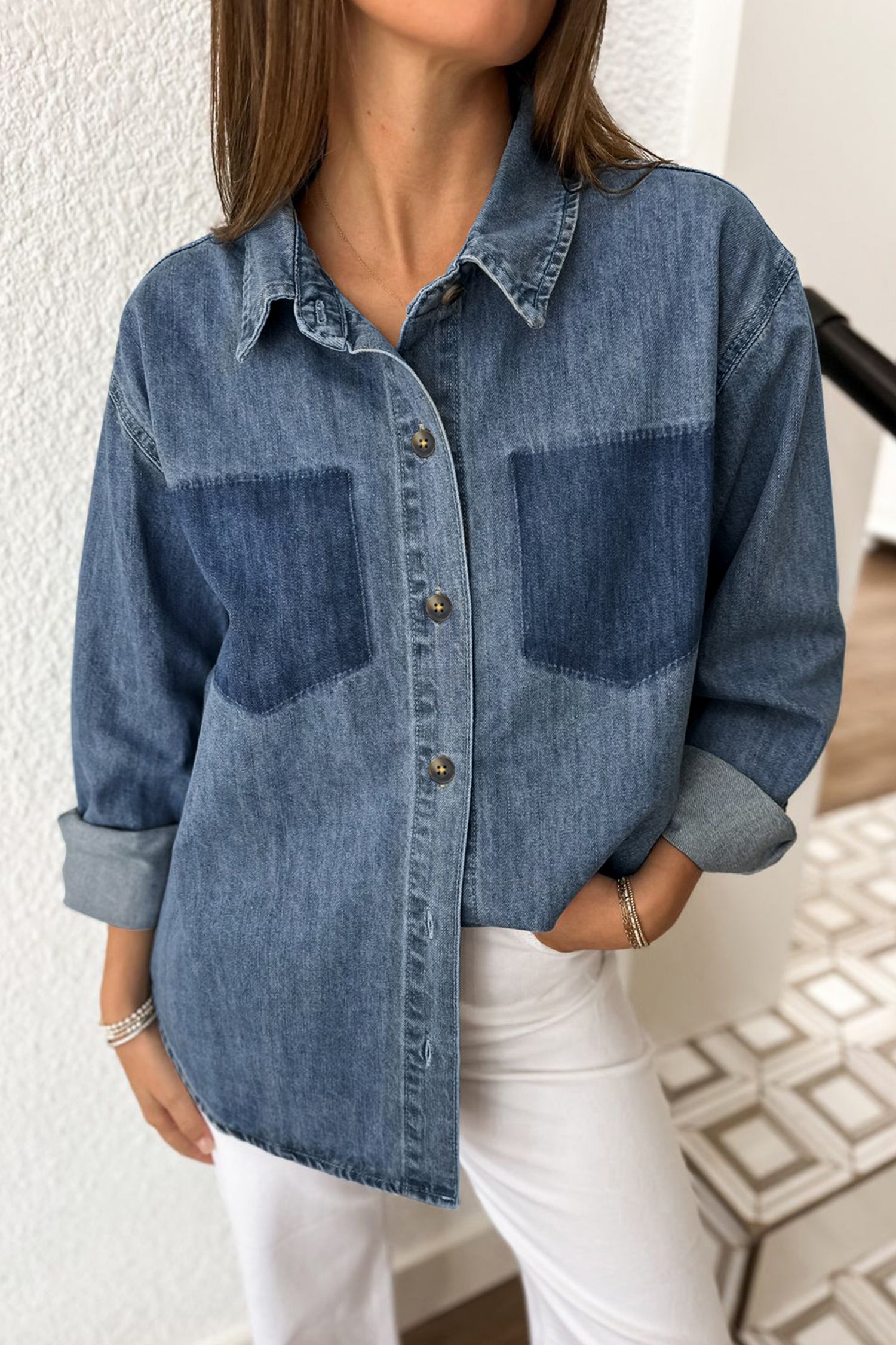 Sky Blue Color Block Pocket Detail Casual Button Down Denim Shirt-Tops/Blouses & Shirts-[Adult]-[Female]-2022 Online Blue Zone Planet