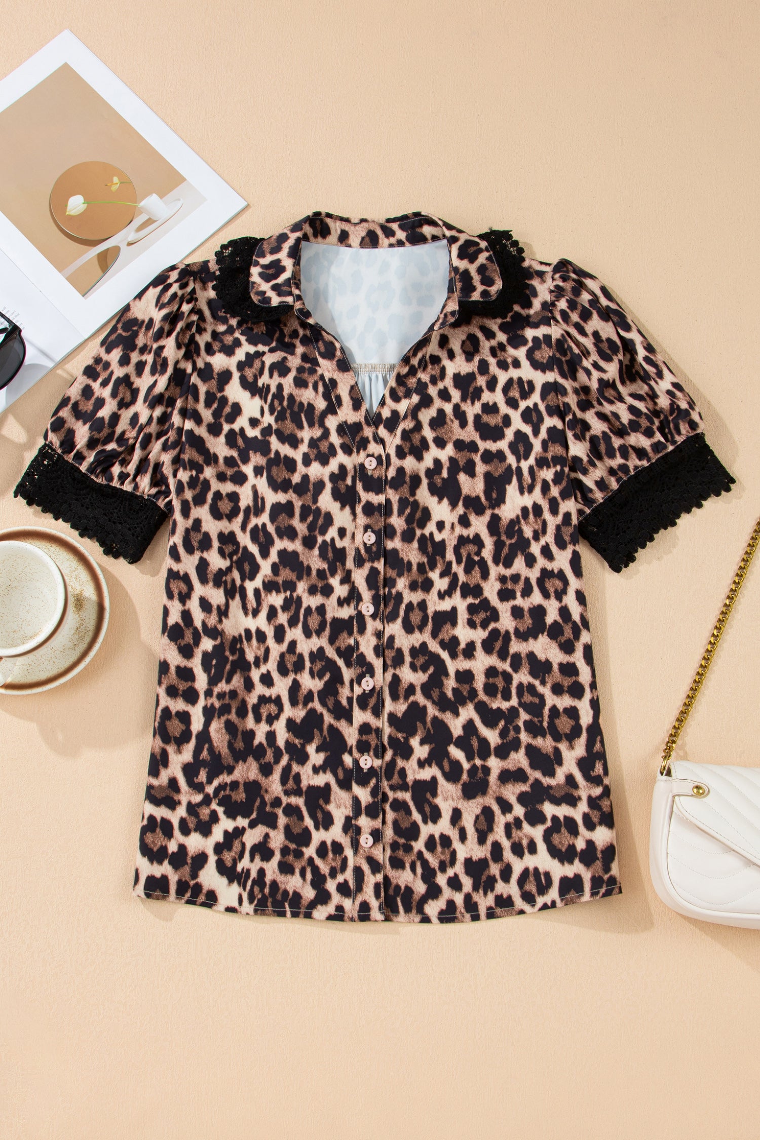 Brown Leopard Print Button Down Lace Trim Short Sleeve Shirt-Tops/Blouses & Shirts-[Adult]-[Female]-2022 Online Blue Zone Planet