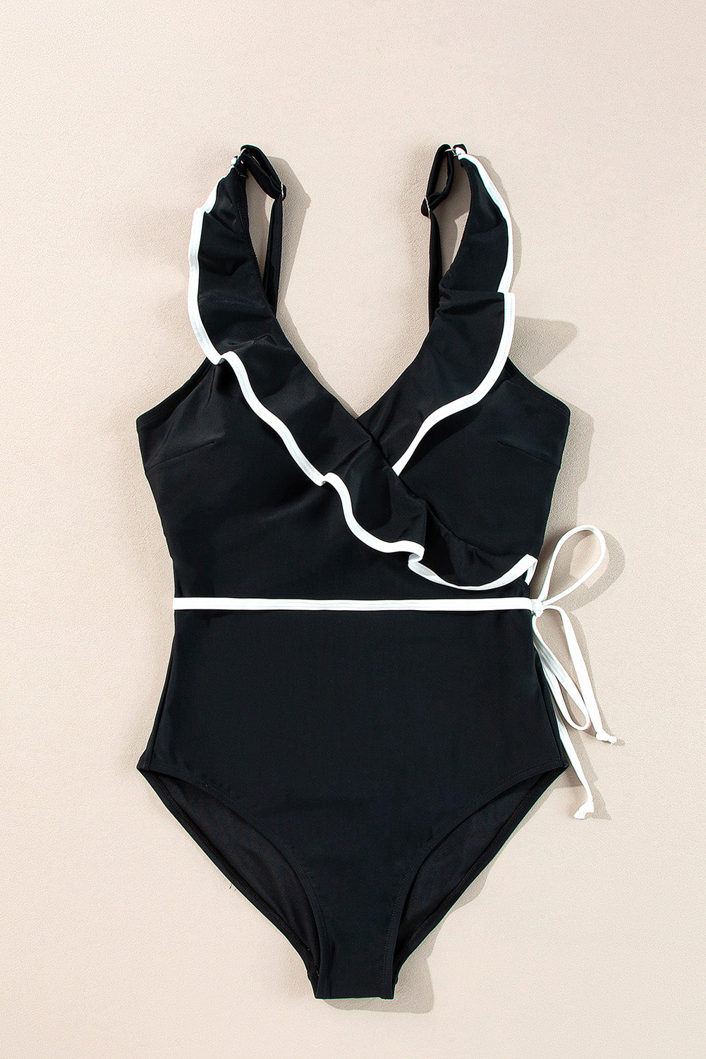 Black Color Contrast Ruffled Wrap V Neck Swimsuit-Swimwear/One Piece Swimsuit-[Adult]-[Female]-2022 Online Blue Zone Planet