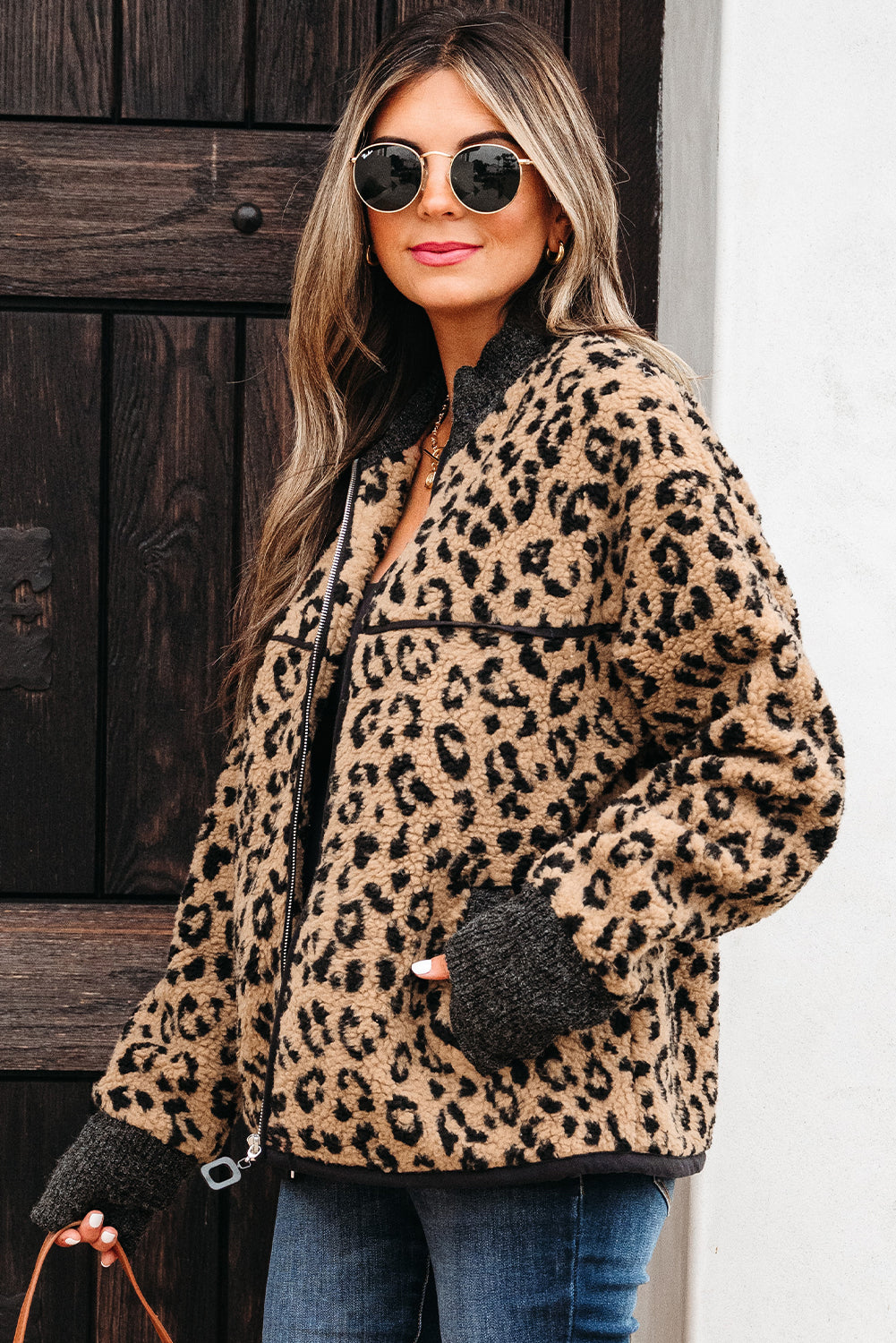 Khaki Leopard Print Zip Up Stand Neck Side Pocket Jacket-Outerwear/Jackets-[Adult]-[Female]-2022 Online Blue Zone Planet