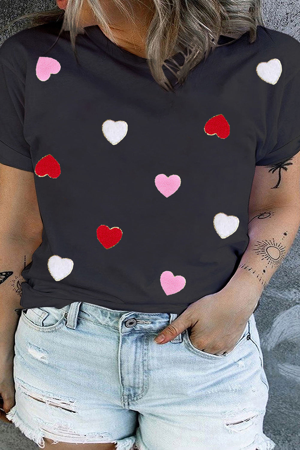 Black Chenille Heart Patched Round Neck Plus Size Tee-Graphic Tees-[Adult]-[Female]-Black-1X-2022 Online Blue Zone Planet