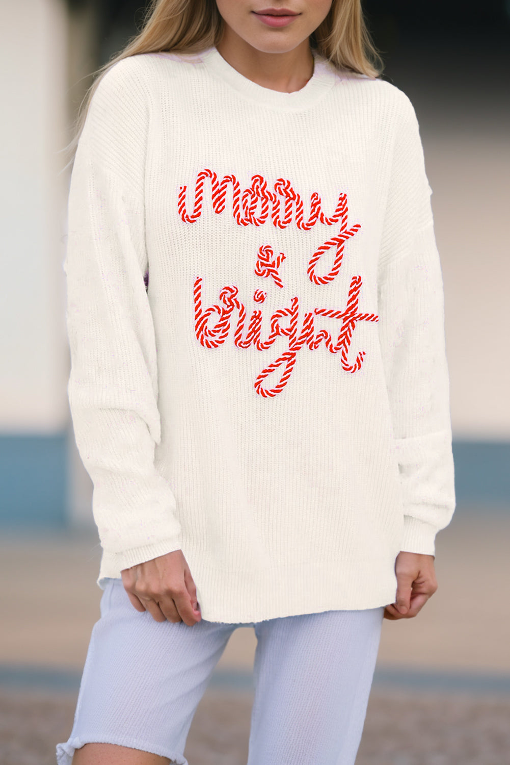 Blue Zone Planet | White Striped Merry Bright Letter Christmas Sweater-Sweaters & Cardigans/Sweaters-[Adult]-[Female]-White-S-2022 Online Blue Zone Planet